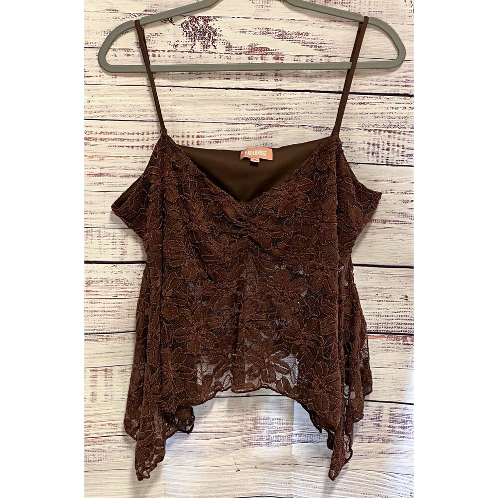 Faded Rose Brown Floral Lace Asymmetrical Hanky Hem Fairy Cami Top XL